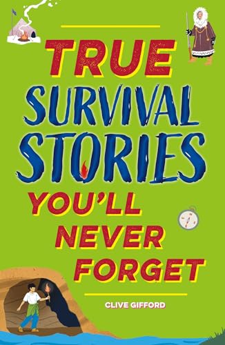Book cover with title “True Survival Stories” and illustrations of survival.