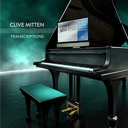 Black grand piano with a laptop displaying music software, teal background.