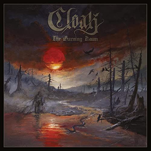 Dark landscape with a fiery red sun, skeletal trees, and distant figures.