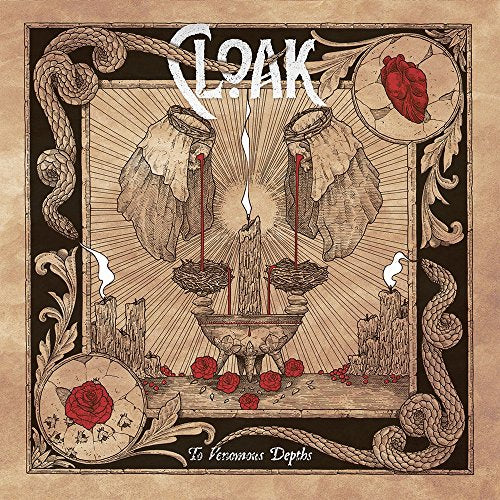 Cloak album cover: ornate frame, heart, candles, and floral details in sepia tones.