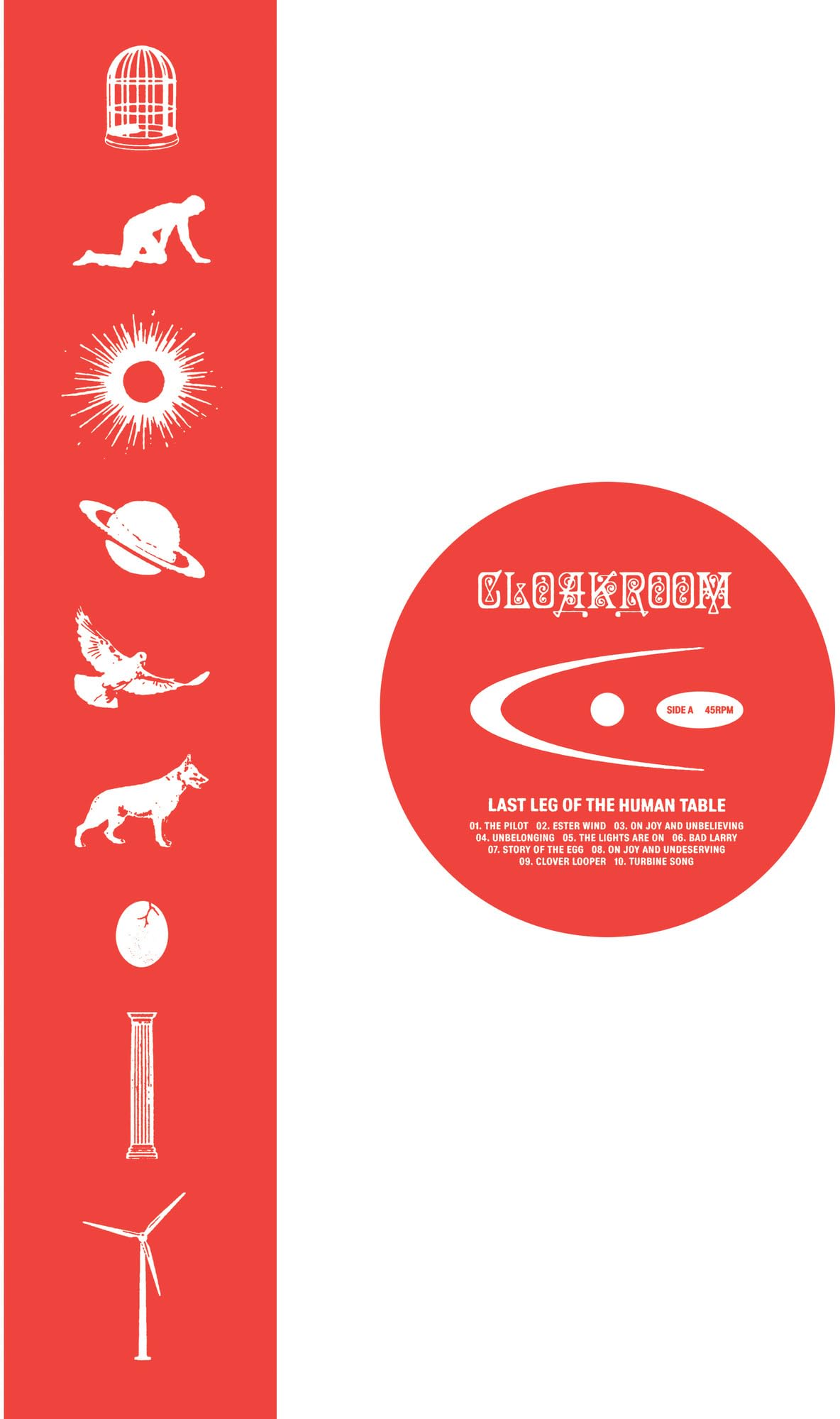 Vinyl record label with tracklist next to a red strip featuring white icon illustrations.