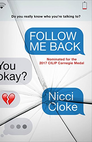 Book cover: "Follow Me Back" with cracked screen and text message bubbles.
