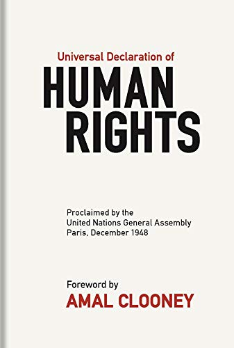 Book cover: "Universal Declaration of Human Rights" with red and black text.