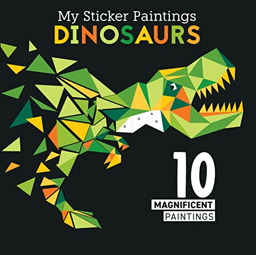 Geometric dinosaur composed of colorful triangles on a black background.