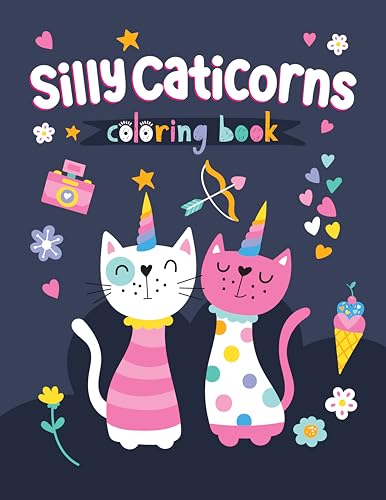 Coloring book cover with two cat-unicorn hybrids and playful decorations.