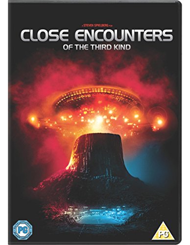 "Close Encounters of the Third Kind DVD cover featuring a UFO over a mountain."