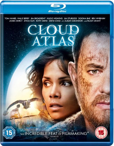 “Cloud Atlas” Blu-ray cover featuring Halle Berry and Tom Hanks, with a space backdrop.