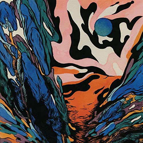 Abstract album cover with swirling blue, black, orange, and pink shapes.