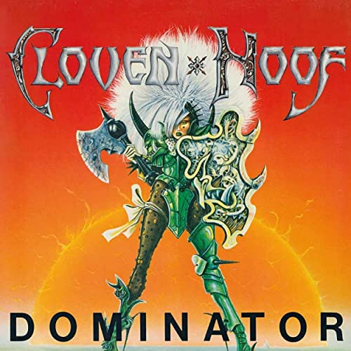 Cloven Hoof “Dominator” album cover: demonic figure with axe, fiery background.