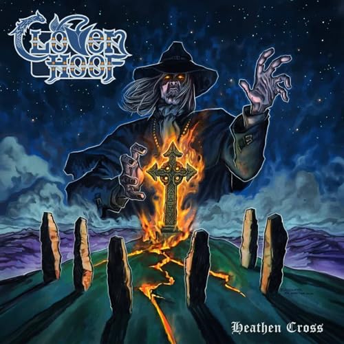 Cloven Hoof album cover: a spectral figure before a fiery cross.