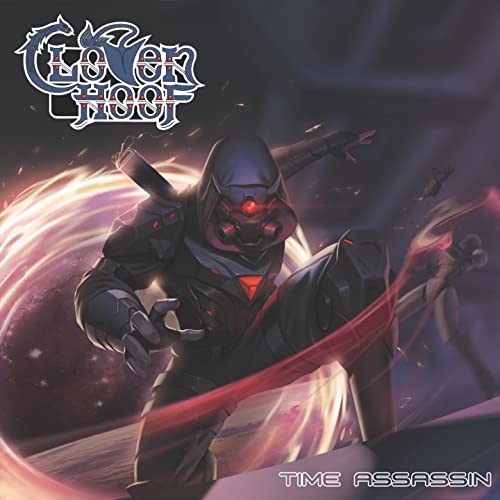 CD cover for Cloven Hoof’s “Time Assassin” featuring a hooded, robotic figure.