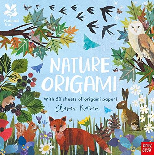 Book cover with illustrated nature scenes and origami birds and animals.