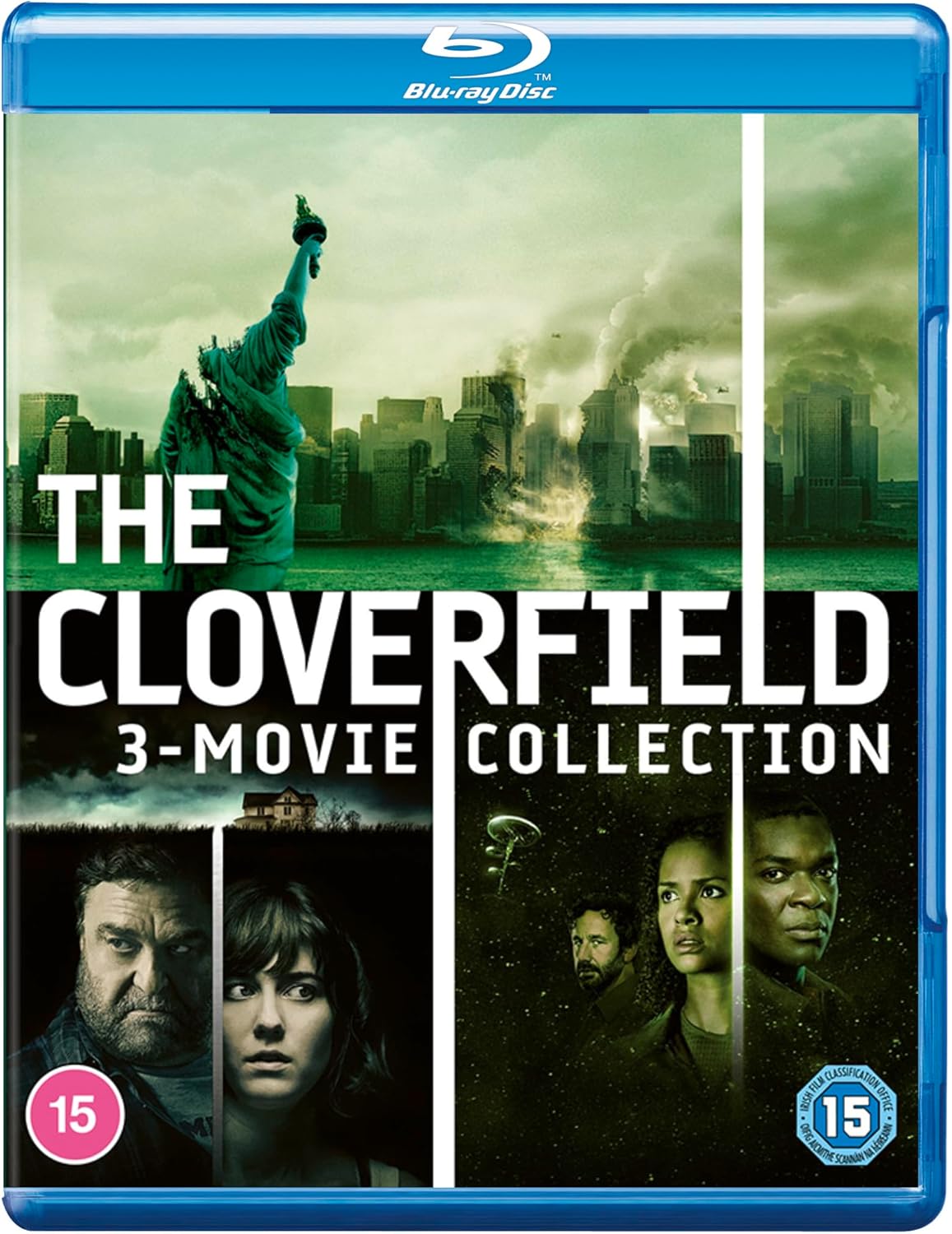 Blu-ray cover for "The Cloverfield 3-Movie Collection" with city and character images.