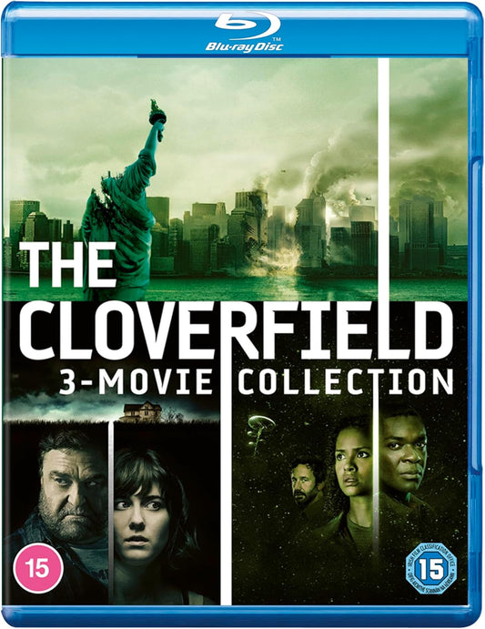 Blu-ray cover for "The Cloverfield 3-Movie Collection" with city and character images.