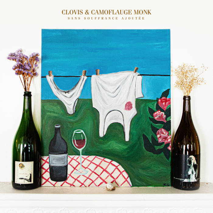 CD cover with painted laundry line, wine bottles, and flowers.
