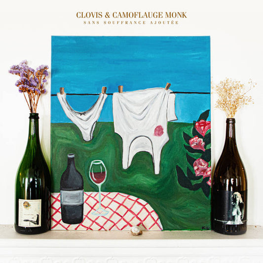 CD cover with painted laundry line, wine bottles, and flowers.