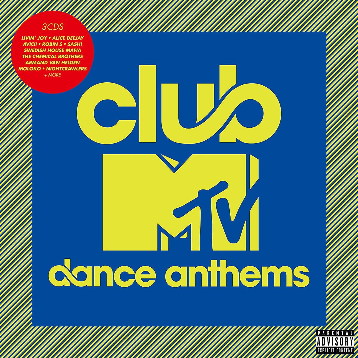 "Blue and yellow CD cover with 'club MTV dance anthems' text and red artist list circle."
