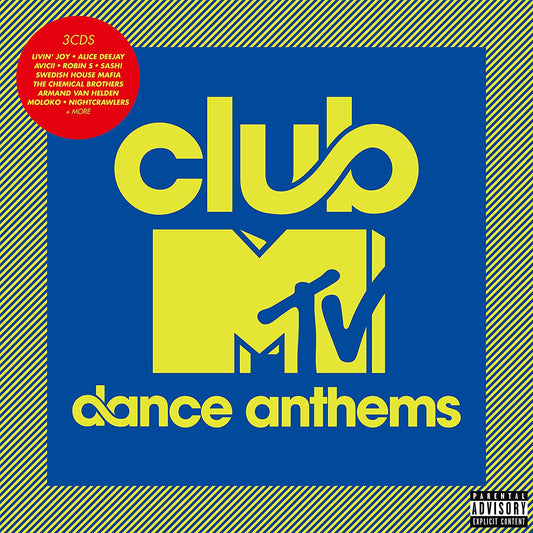 "Blue and yellow CD cover with 'club MTV dance anthems' text and red artist list circle."
