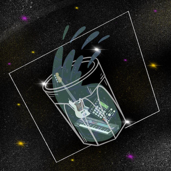 Vinyl record cover with illustration of a glass, guitar, and synthesizer.