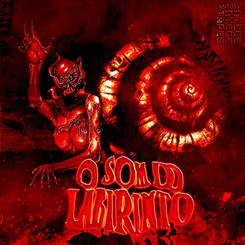 A red-toned illustration of a creature beside a large shell with bold text below.