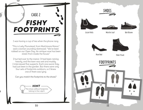 Open book page with mystery clues: footprints, shoes, and suspect images.