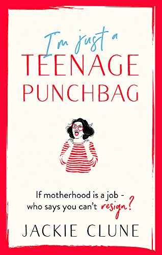 Book cover: red and white with a surprised woman illustration.