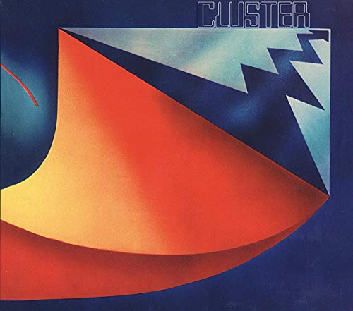 Abstract album cover with a large orange curved shape against a dark blue background.