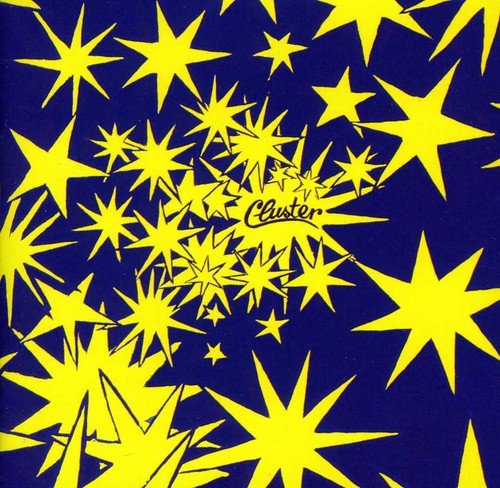 Album cover with yellow star shapes on a dark blue background and text Cluster.