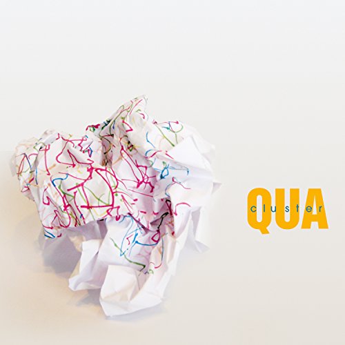 Crumpled white paper with multicolored squiggles, beside the text "cluster qua" in yellow.