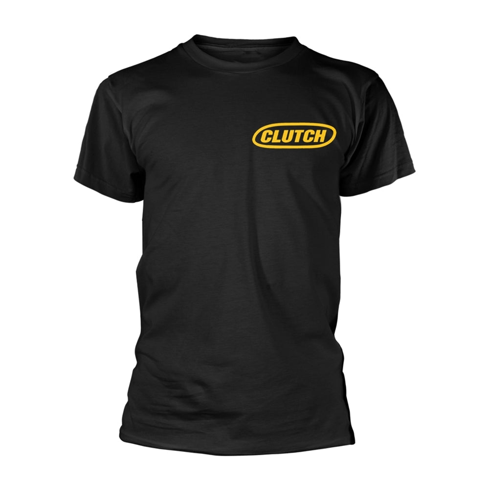 Black t-shirt with yellow oval logo reading "CLUTCH" on the chest.