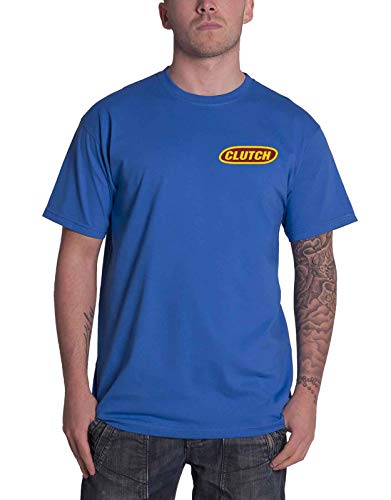 Blue t-shirt with yellow "Clutch" band logo centered on the chest.