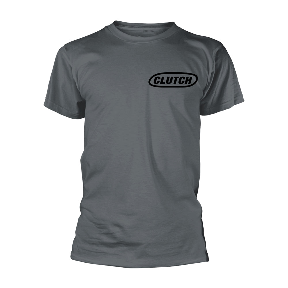 Grey t-shirt with black "Clutch" band logo on the chest.