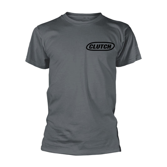Grey t-shirt with black "Clutch" band logo on the chest.