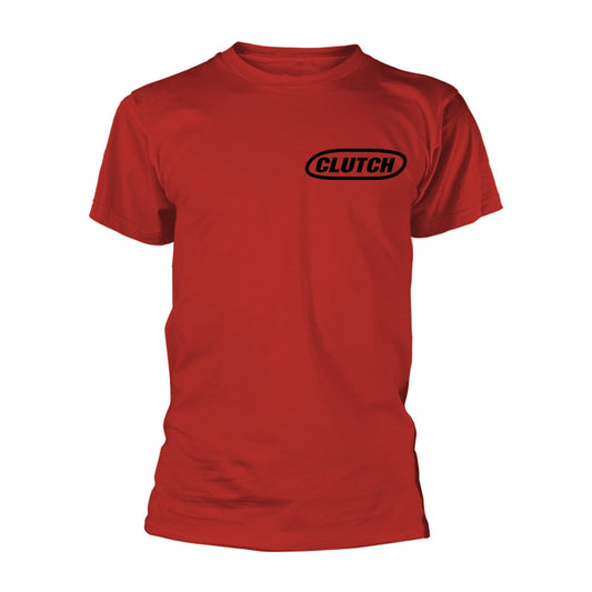 Red t-shirt with black "Clutch" band logo centered on the chest.