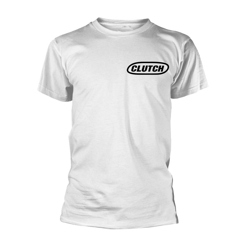 White short-sleeved t-shirt with a black oval Clutch logo on the left chest.