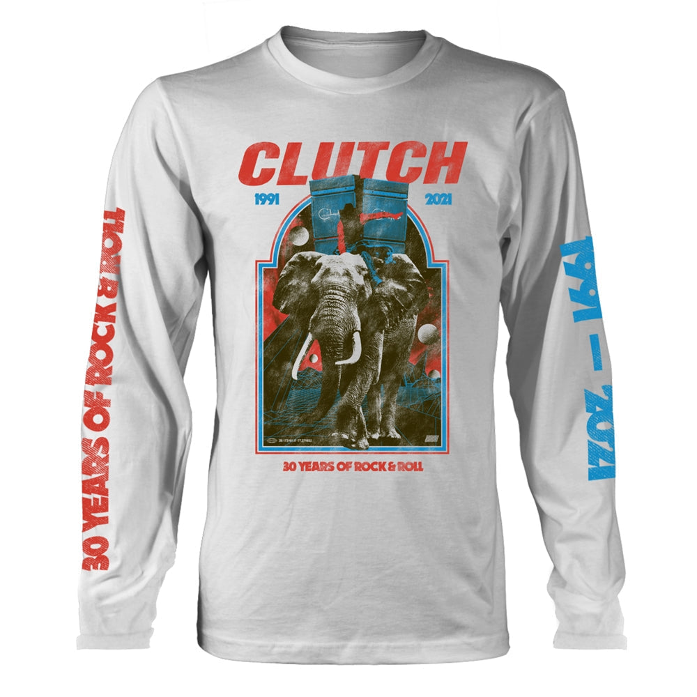 White long-sleeve t-shirt with an elephant and "CLUTCH" graphic.