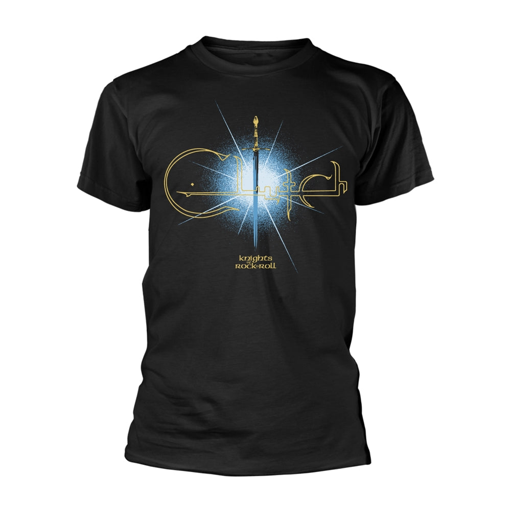 Black t-shirt with “Clutch” band logo featuring a sword and text.
