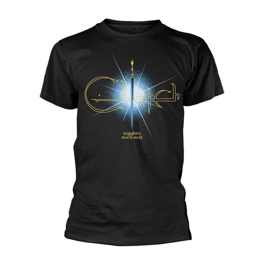 Black t-shirt with “Clutch” band logo featuring a sword and text.