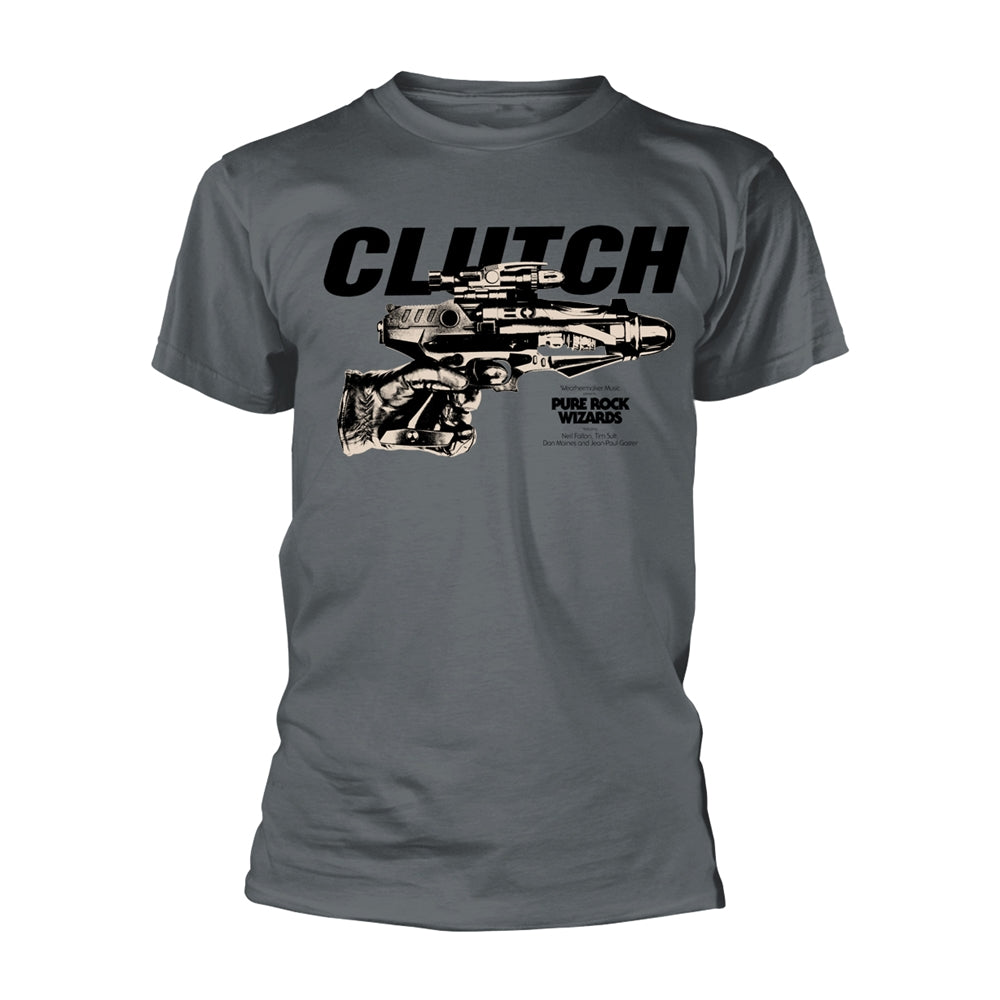 Grey t-shirt with black "CLUTCH - PURE ROCK WIZARDS" graphic.