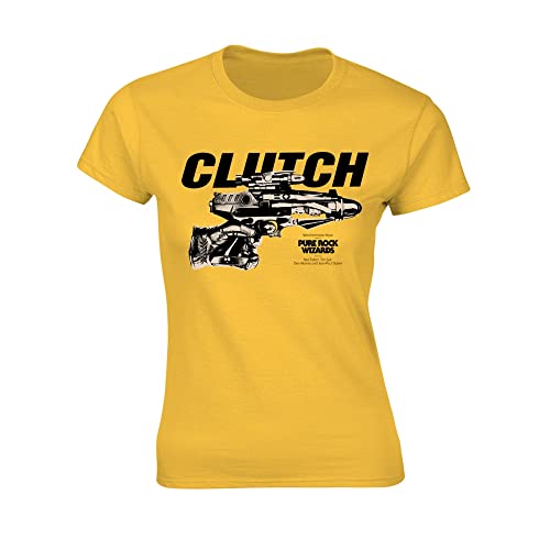 Yellow women's t-shirt with "CLUTCH" and rock-themed graphic print.