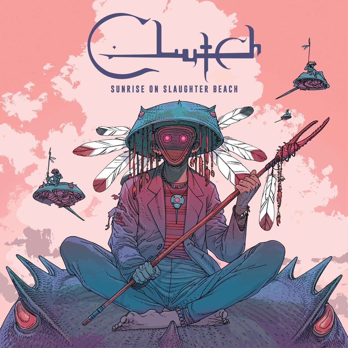 Clutch album cover: illustrated figure with a trident, surreal sky.