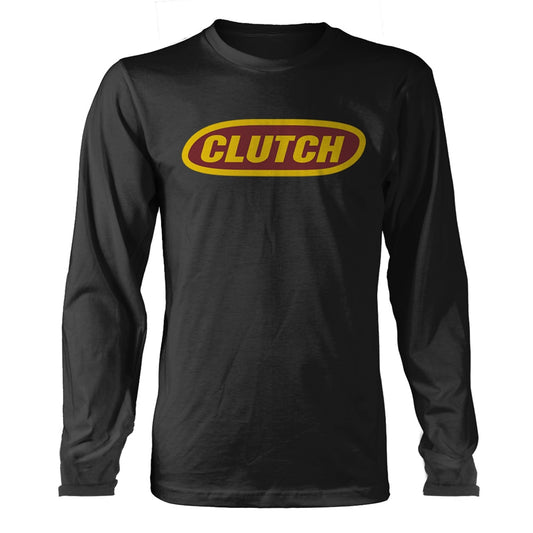 Black long-sleeve t-shirt with yellow “CLUTCH” logo, worn by a man.