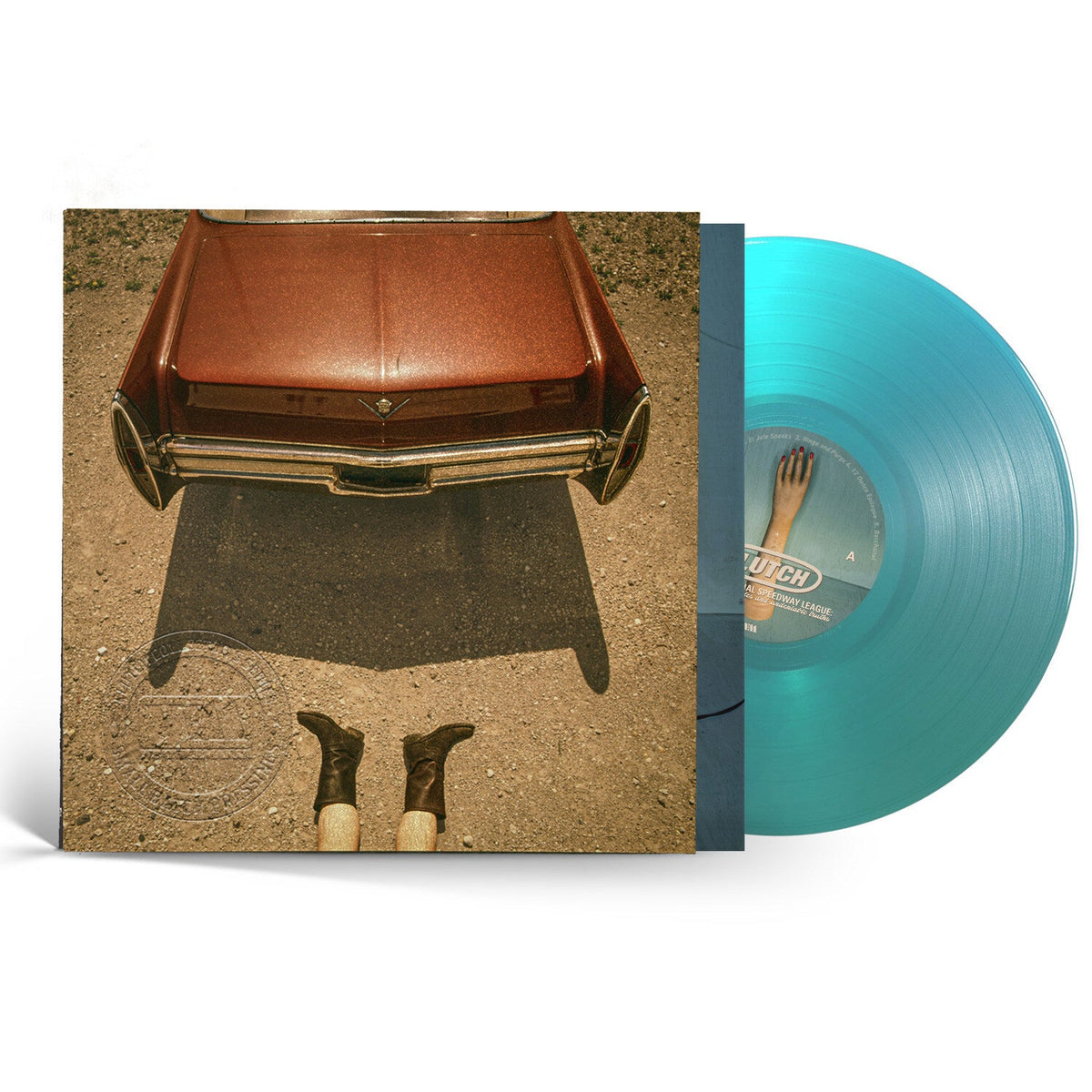 Vinyl record of Clutch's "Transnational Speedway League" with car and feet imagery.