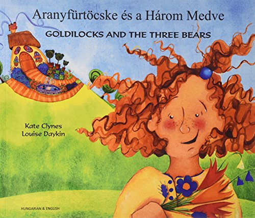 Goldilocks with curly red hair, a colorful cottage, and flowers.