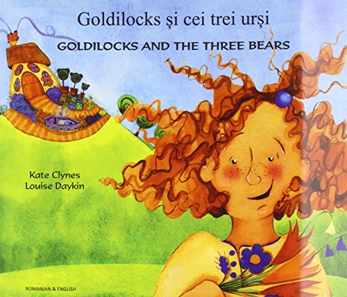 Book cover illustration of Goldilocks with curly hair and a cottage on a hill.