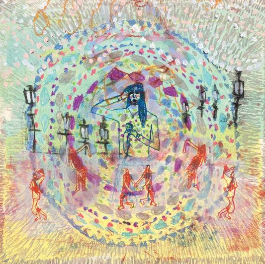 A colorful, abstract drawing featuring a central figure surrounded by smaller dancing figures.
