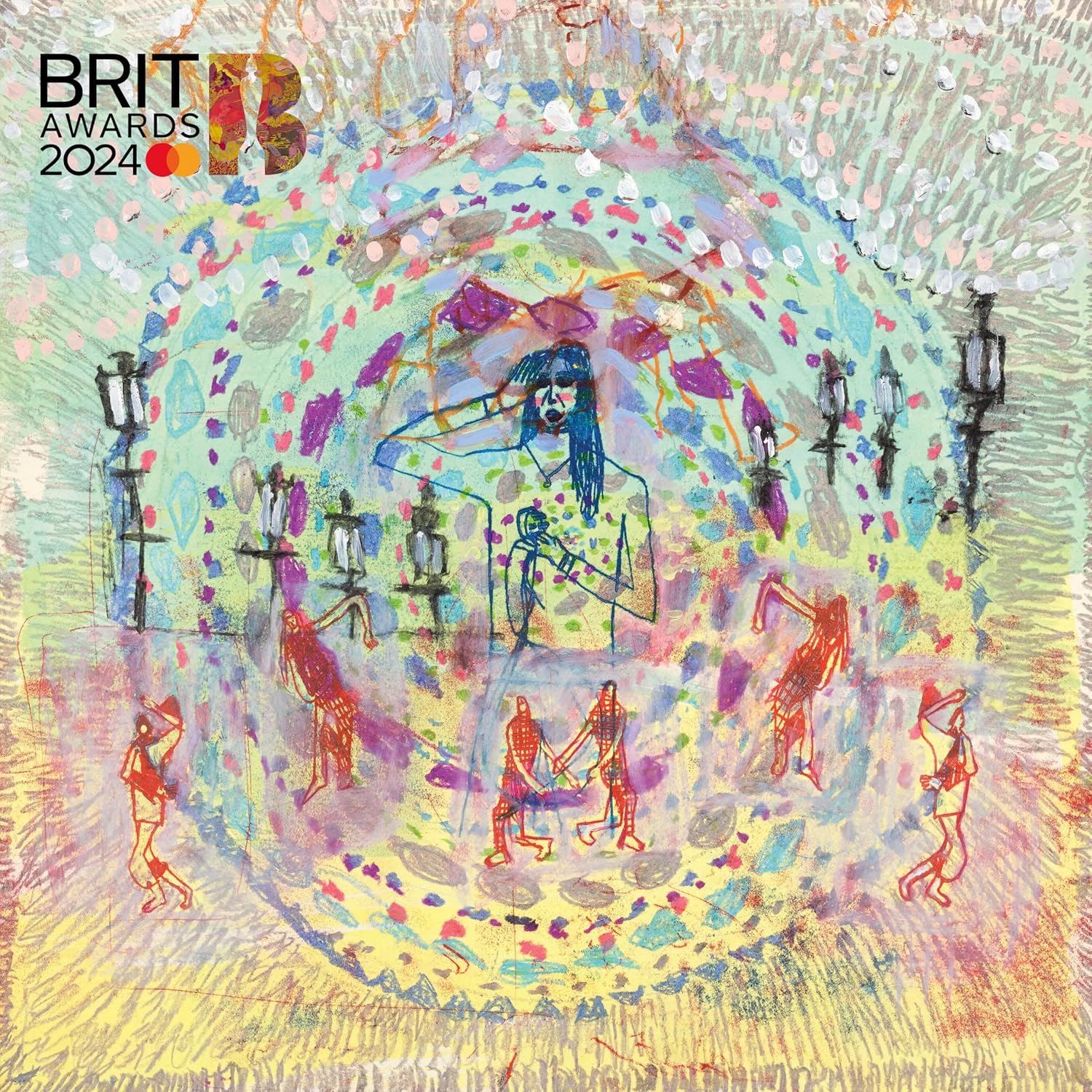 Painted album cover featuring a figure with outstretched arms and dancing silhouettes.