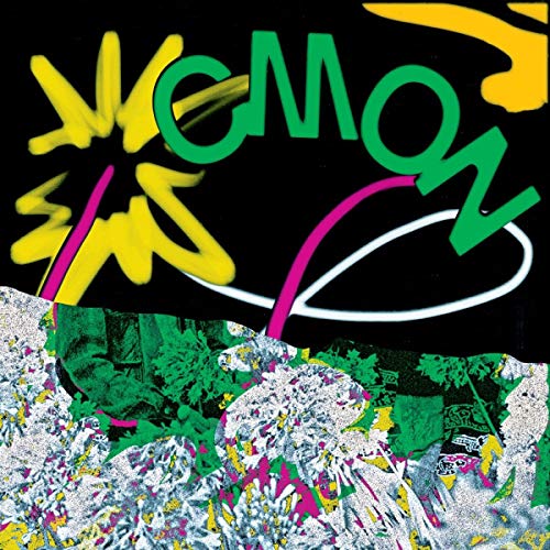 The image shows a vibrant album cover with the title "CMON" prominently displayed. Here is a concise, descriptive alt text: "Album cover with 'CMON' in green on a black background."
