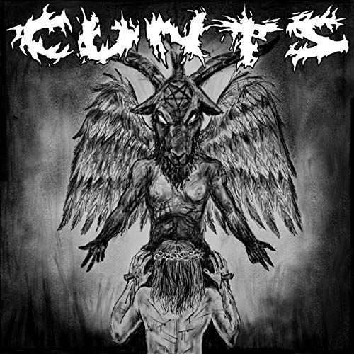 Black and white album cover featuring a demonic goat and kneeling figure.