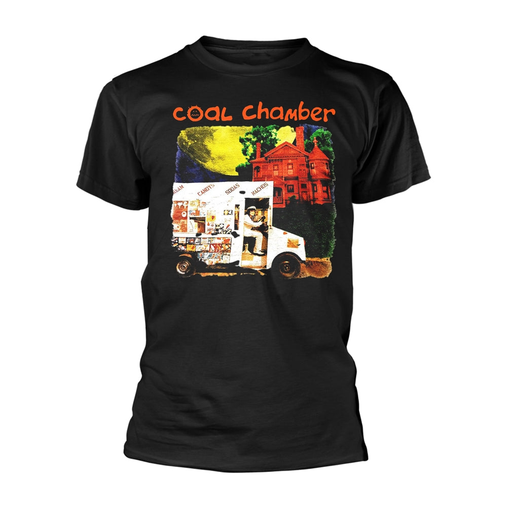 Black t-shirt with album art of an ice cream truck and house.